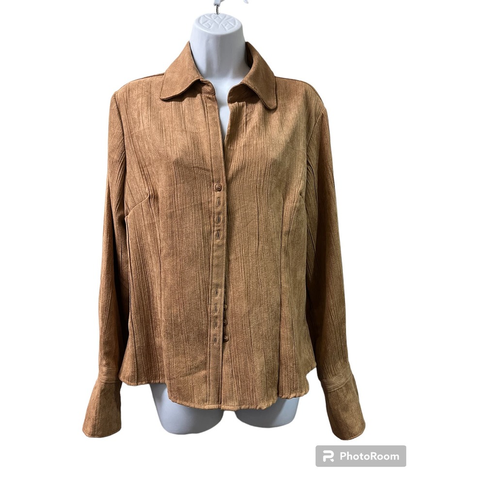 Vintage Cato Womens Blouse Size M Tan Faux Suede Button Down Long Sleeve